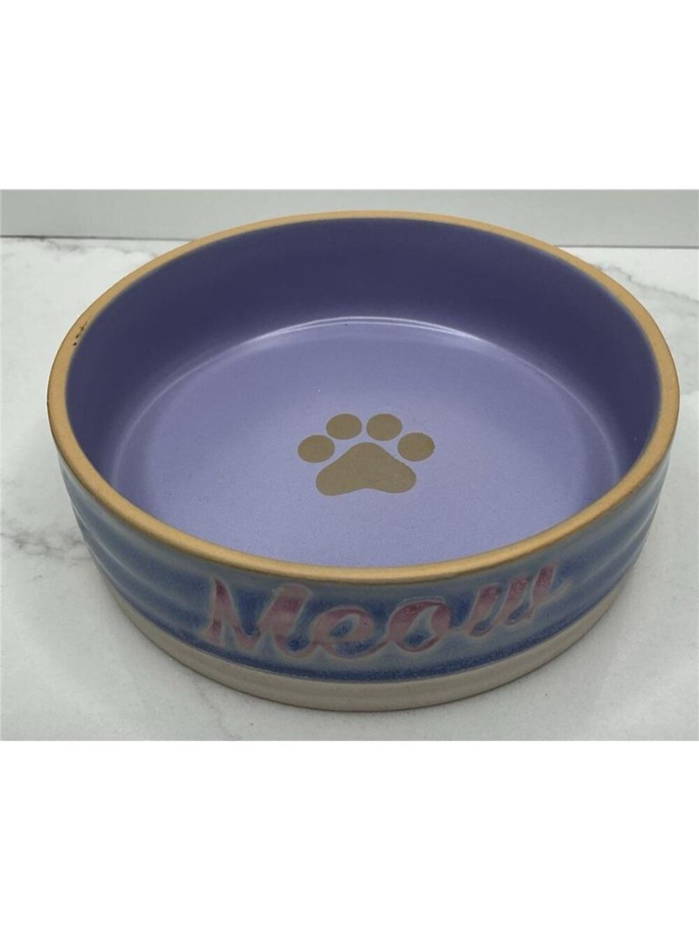 Spectrum Designz Cat Dish Ceramic Pet Bowl Purple Meow Paw Benton Cat 4.9” New